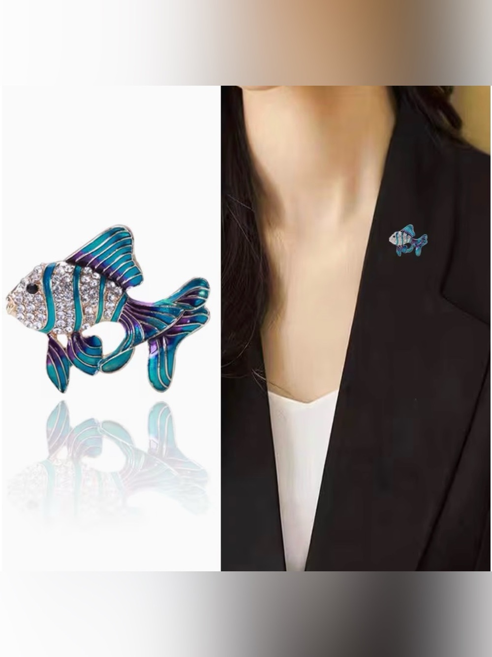 Fish Enamel & Rhinestone Brooch Modern - Picture 2 of 4